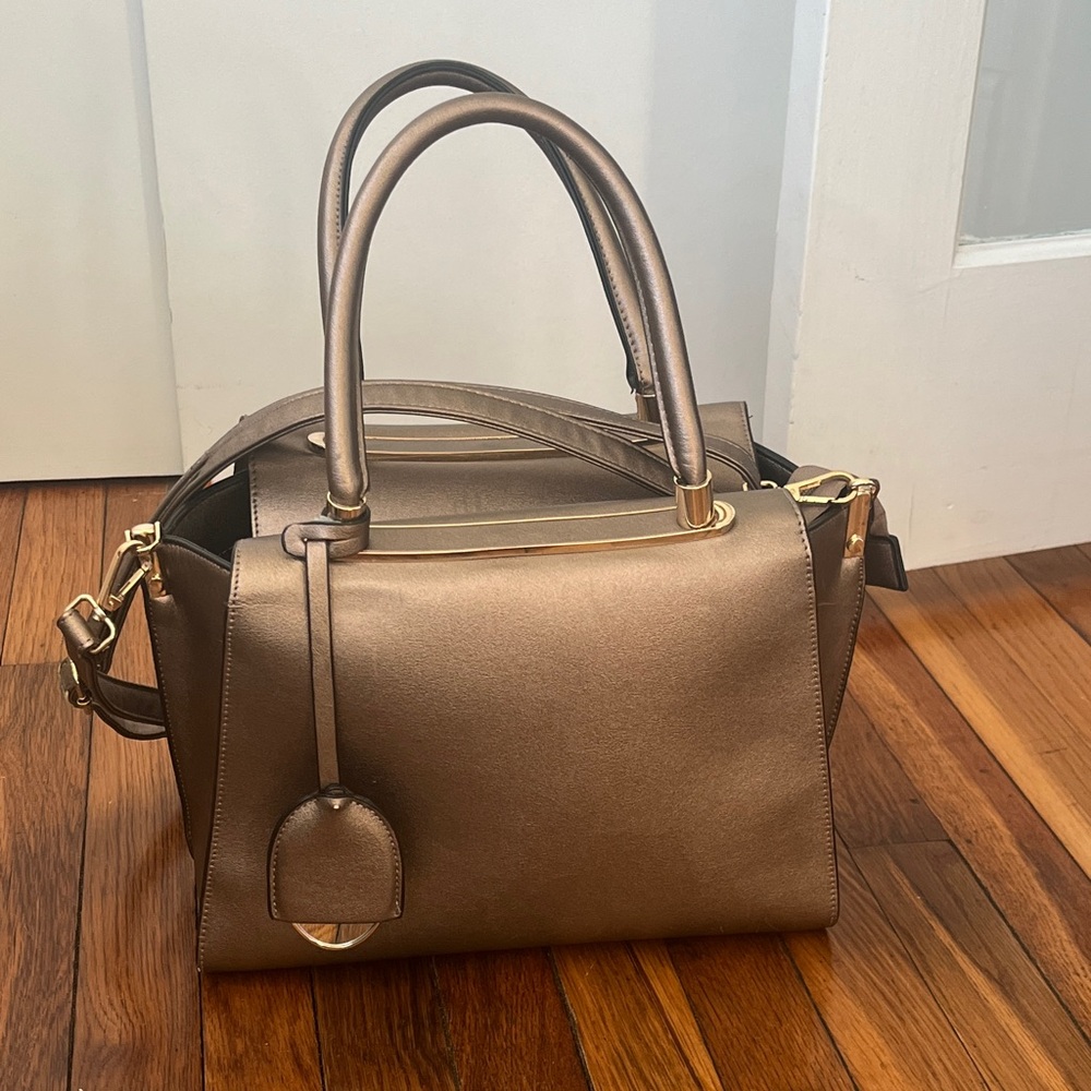 Bronze / rose gold Metallic structured top handle Handbag w/ gold hardware